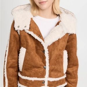 Free People Faux Shearling Leather Jacket in Chestnut Brown and Ivory
